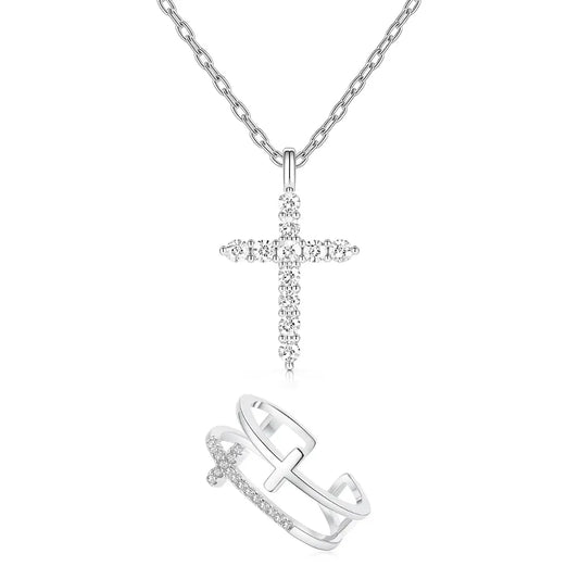 сребърен комплект от колие и пръстен във формата на кръстове