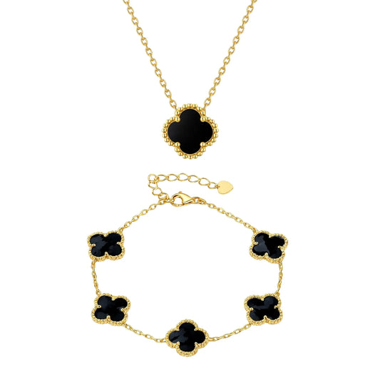 сребърен комплект с четирилистни детелини и 18к златно покритие